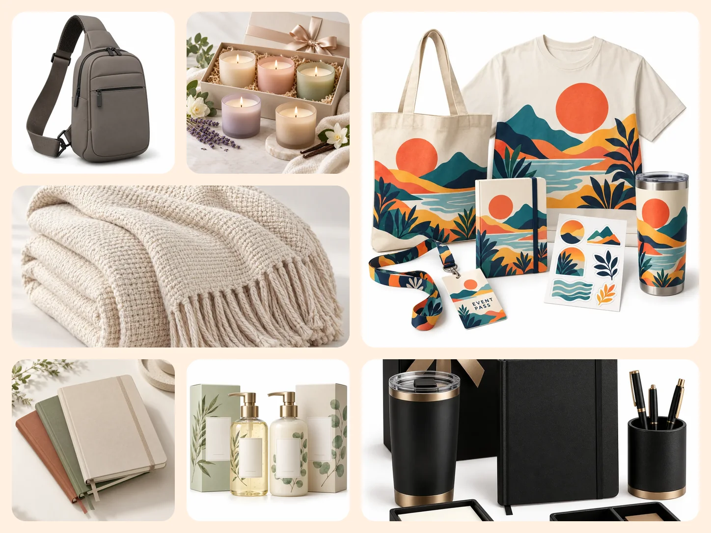 A collage of COMMONFOLK COMMERCE products: an event merchandise pack, a sling bag, stationery, candles, a throw blanket and private-label bottles