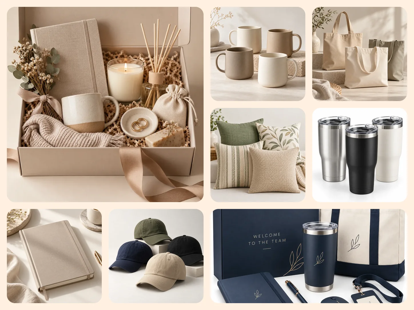A mosaic of COMMONFOLK COMMERCE products: a lifestyle gift box, ceramic mugs, tote bags, cushions, tumblers, a planner, caps and a corporate welcome kit